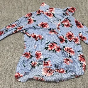Pleione Blue Striped Floral Button Down Shirt